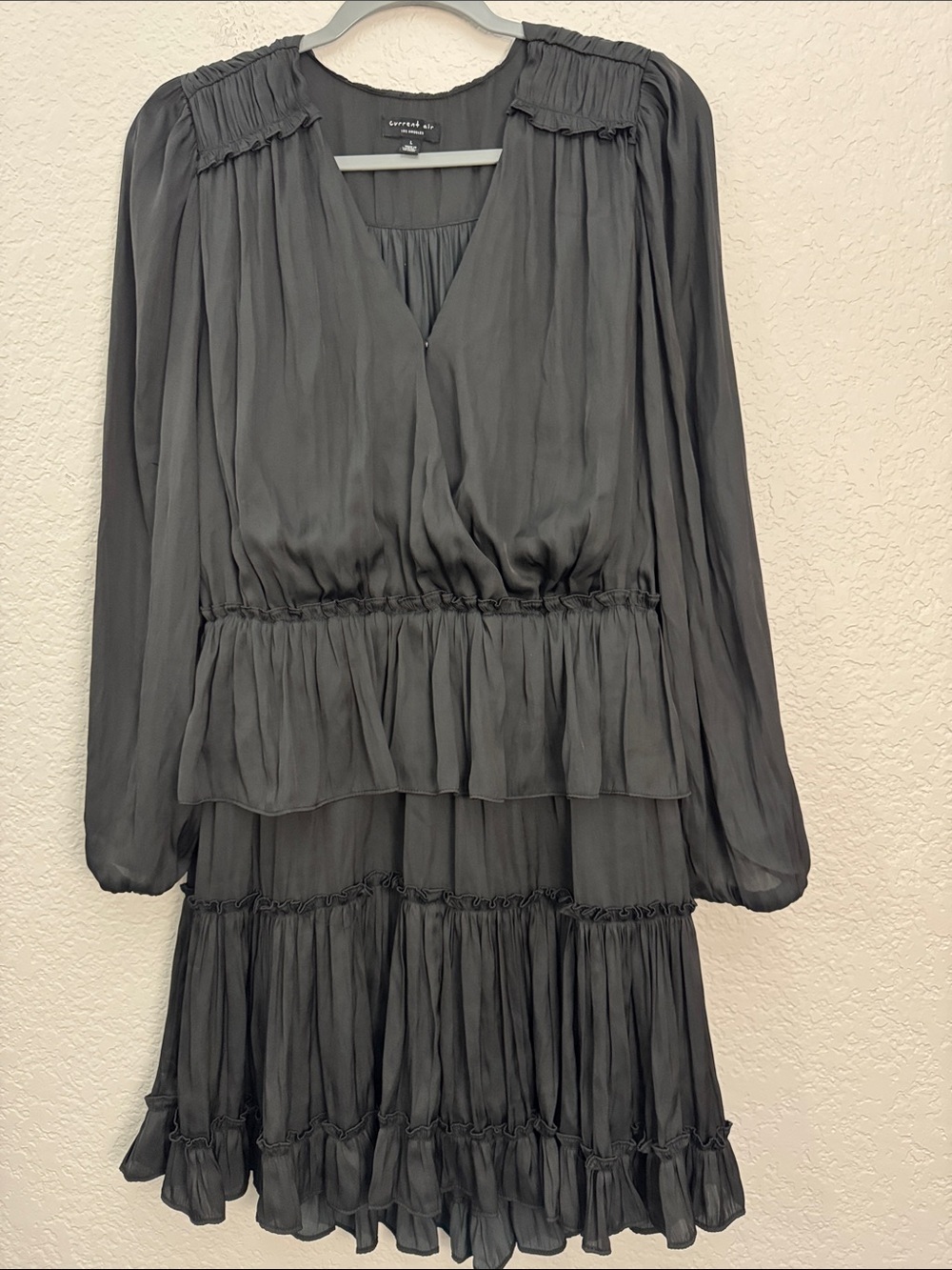 Current Air Cecile Black Satin Tiered Mini Dress Large Ruffle Long sleeve Smock - Picture 2 of 6